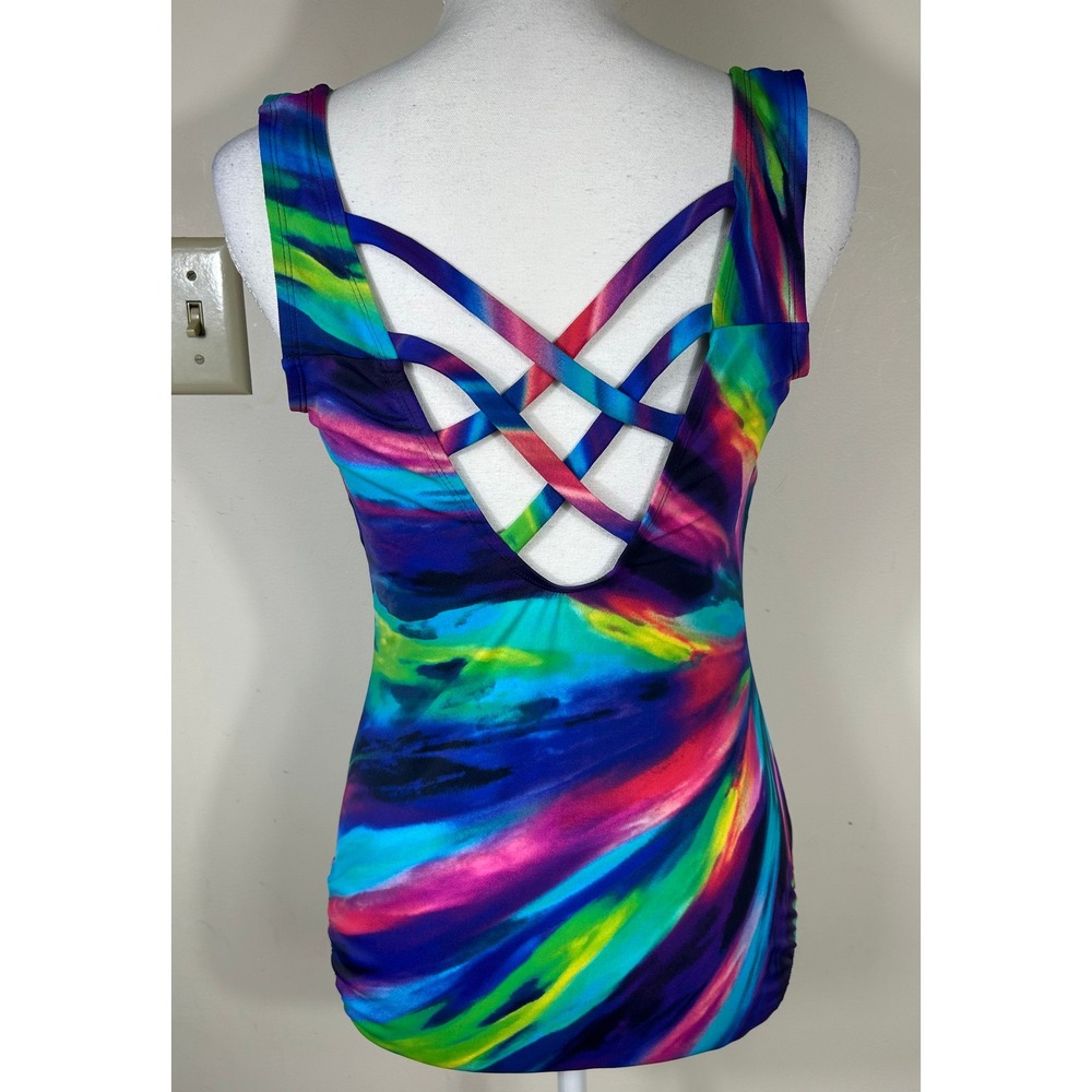 Longitude One Piece Swimsuit Sz 14 Multicolor Abstract Triple X Back Long Torso - Picture 2 of 11